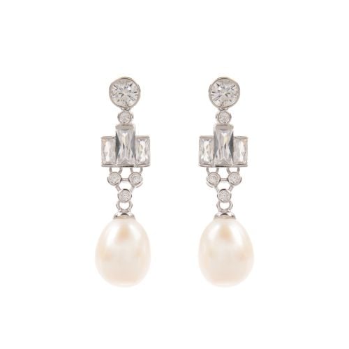 Crystal studded pearl drop earrings with a large white drop pearls below.