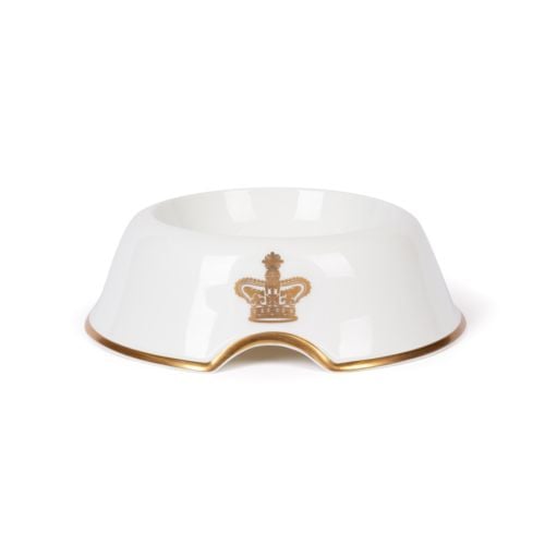 Front of pet bowl with gold edge and crown motif front and centre. 