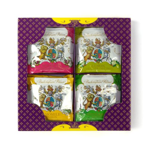 packaging of the individual wrapped tea bags with purple flower pattern and yellow details