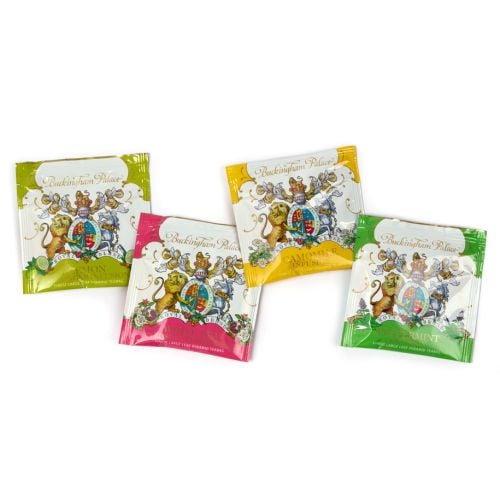 packaging of the individual wrapped tea bags with purple flower pattern and yellow details