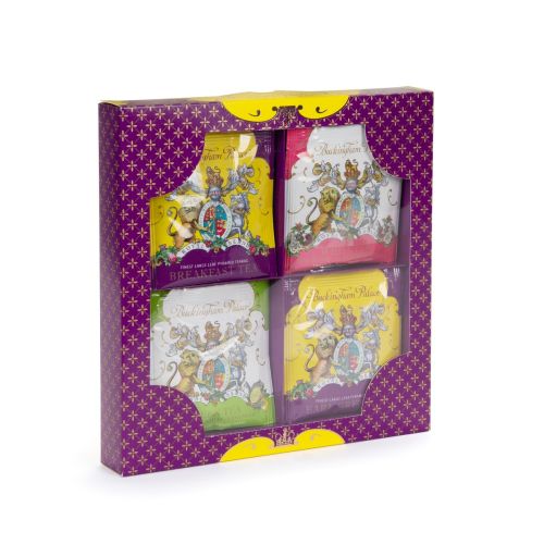 packaging of individual wrapped tea bags with purple flower pattern and yellow details