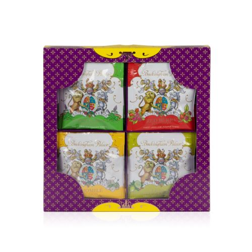 packaging of the individual wrapped tea bags with purple flower pattern and yellow details