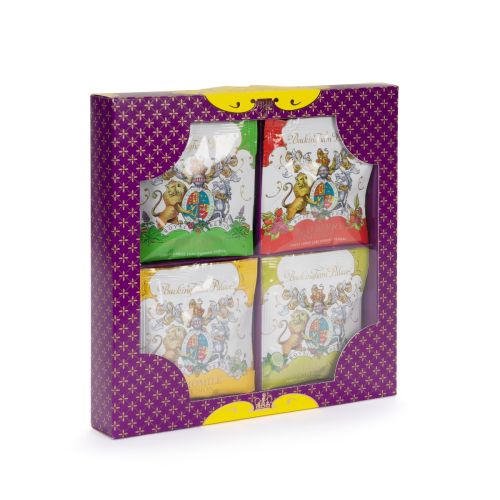 packaging of the individual wrapped tea bags with purple flower pattern and yellow details