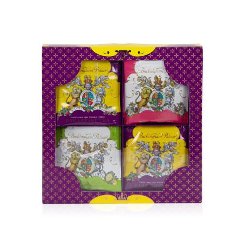 packaging of individual wrapped tea bags with purple flower pattern and yellow details