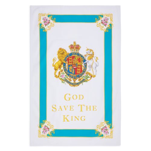 God save The King cotton tea towel, decorated with roses