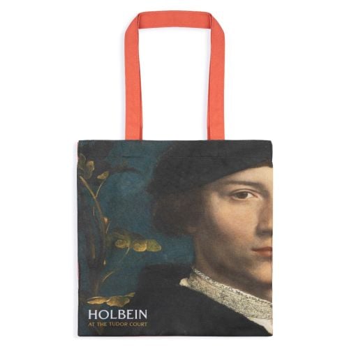 tote bag with Holbein print of painting and the title Holbein at the Tudor Court in the bottom left corner of the bag