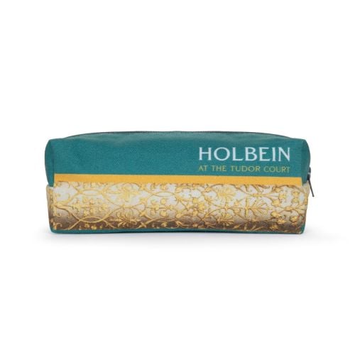 pencil case with zip. teal and yellow decoration and the wording Holbein at the tudor court written on the front 