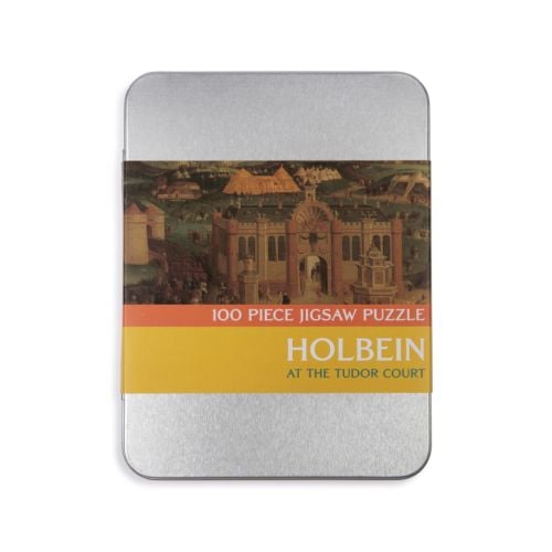 silver tin with band in middle of puzzle painting included inside and Holbein at the Tudor Court logo on yellow and orange background.