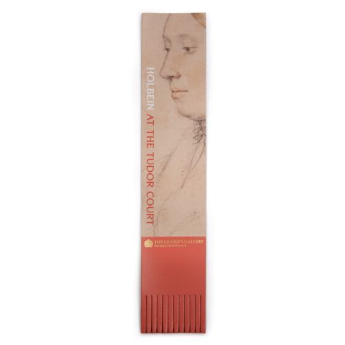 Leather bookmark with red tassels. Text overlay "Holbein at the Tudor Court".