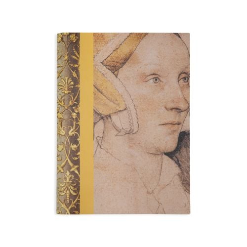 note book with decorative pattern and line drawing of a Tudor. Yellow band on left hand side