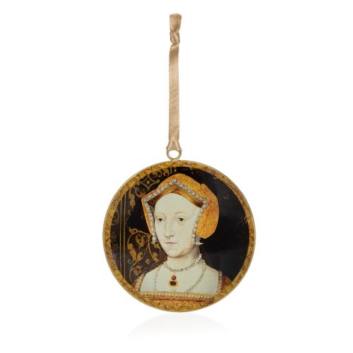 Holbein's portrait of Jane Seymour close up on a round metal decoration. Hung with gold ribbon. 