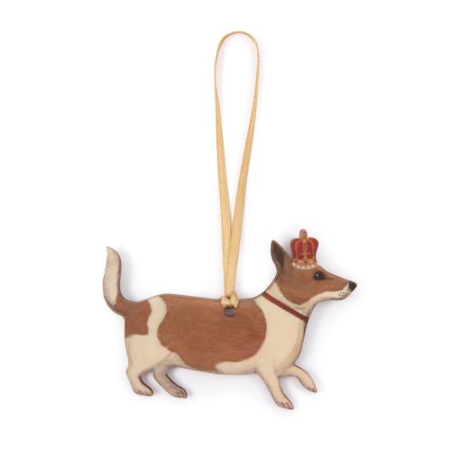 wooden decoration of an illustrated dog with a crown on its head. Ribbon to attach