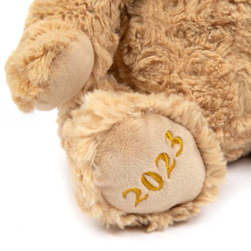 beige fluffy stuffed bear with '2023' on one foot and a crown on the other foot. 