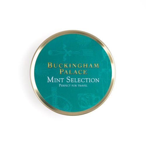 Top of tin of mint selection. Turquoise background on gold round tin with white illustrations featuring a variety of illustrations including teacup, fork and crown. 