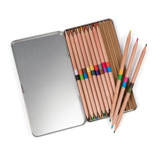 open tin of pencils with display of pencils in different colours