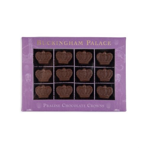 Front of chocolate box. Purple box with 16 pralines.