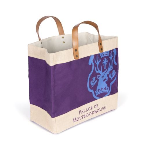 Purple Palace of Holyroodhouse jute bag featuring purple band and Palace of Holyroodhouse crest with leather band. 