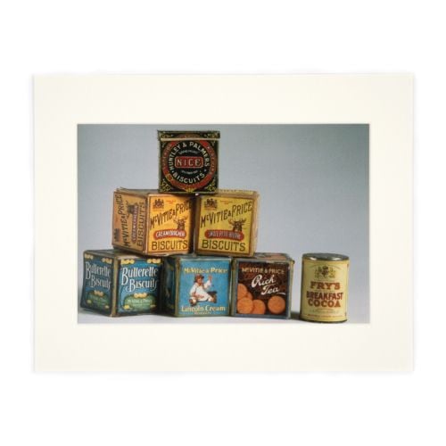 Print of miniature 1920s biscuit boxes from Queen Mary's Dolls' House