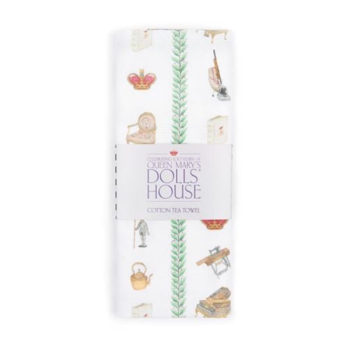 Tea towel with rows of miniature item illustrations, separated by leaf pattern and finished with green border. 