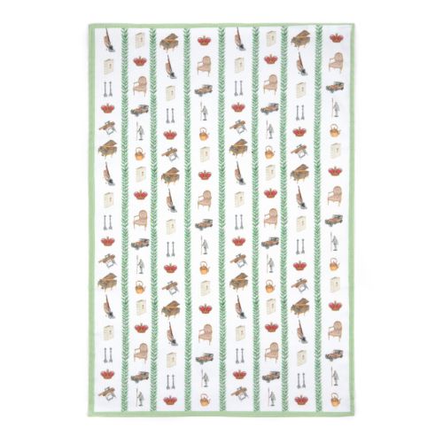 Tea towel with rows of miniature item illustrations, separated by leaf pattern and finished with green border. 