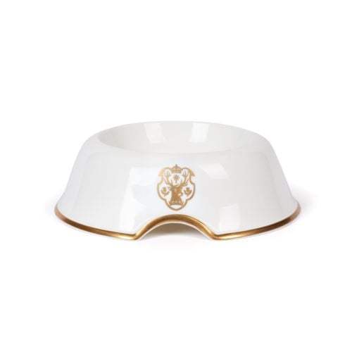 White pet bowl with gold edge and Palace of Holyroodhouse crest front and centre. 