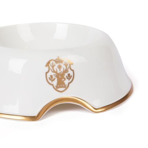 White pet bowl with gold edge and Palace of Holyroodhouse crest front and centre. 