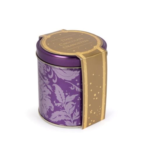 Purple tin with acanthus print and gold cardboard wrap. 