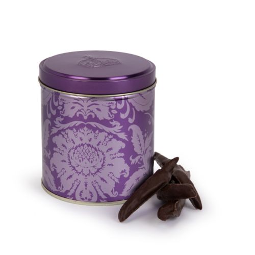 Purple tin with acanthus print and gold cardboard wrap. 
