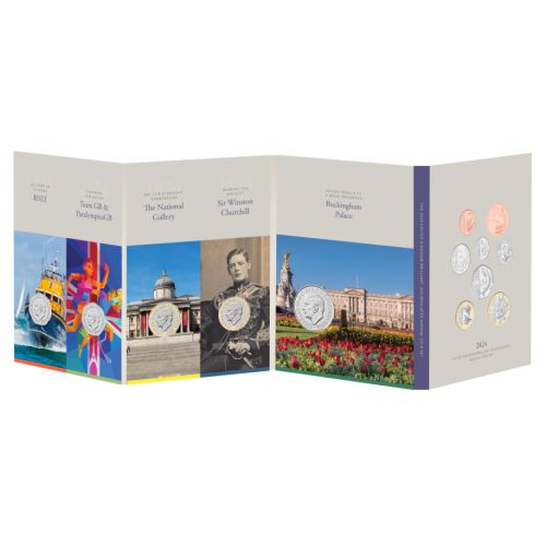 Card featuring 2024 coin set, including: RNLI, Team GB and Paralympics GB, The National Gallery, Sir Winston Churchill, Buckingham Palace