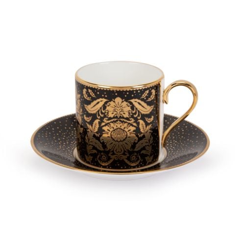 Acanthus Black coffee cup and saucer with gold detailing and handle. 
