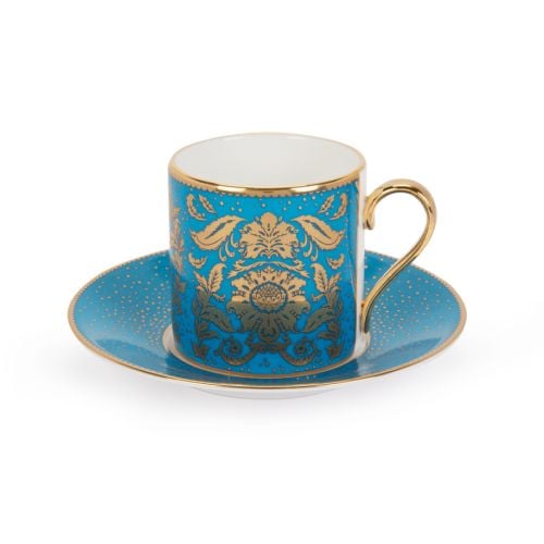 Turquoise cup and saucer with Acanthus gold pattern and finishing on handles and rim. 