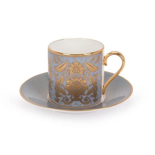 Acanthus Grey Coffee Cup and Saucer with ornate gold detailing and handle. 