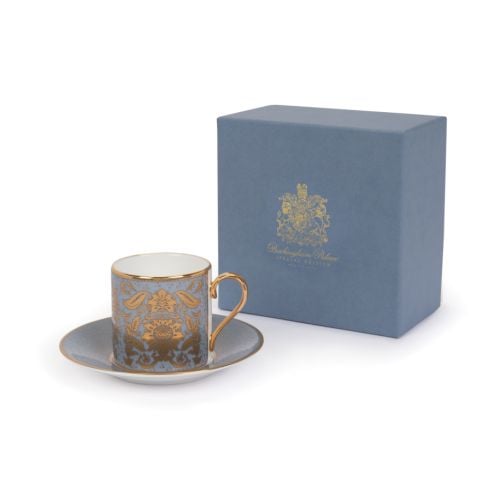 Acanthus Grey Coffee Cup and Saucer with ornate gold detailing and handle. 