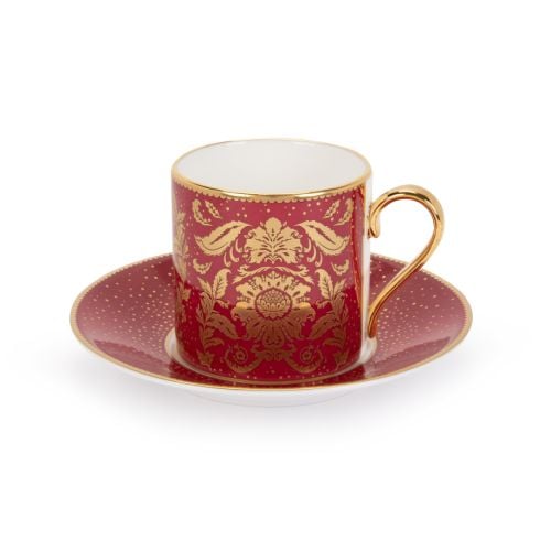 Acanthus pink coffee cup and saucer with gold gilding and handle. 
