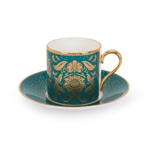 Acanthus Teal Coffee Cup and Saucer with gold detailing, handle and Acanthus motif. 