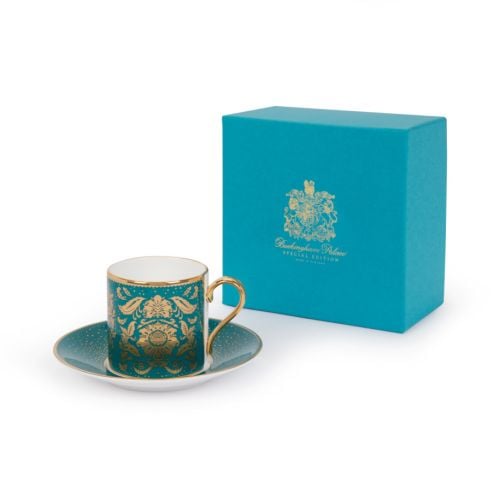 Acanthus Teal Coffee Cup and Saucer with gold detailing, handle and Acanthus motif. 