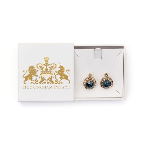 Blue crystal earrings in white Buckingham Palace box with gold Buckingham Palace and crest embossed on front.  
