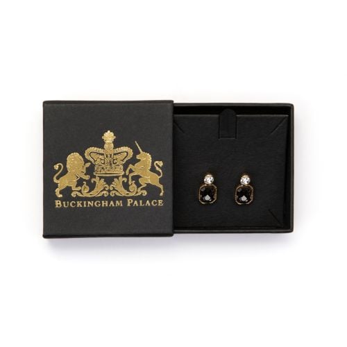 Grey crystal stud earrings in black jewellery box with Buckingham Palace and crest embossed in gold. 