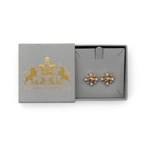 Pearl cluster earrings with silver crystals in grey box embossed with Buckingham Palace and crest. 