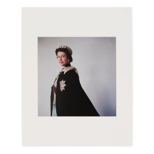 Queen Elizabeth II colour print in Garter Robe by Cecil Beaton. 