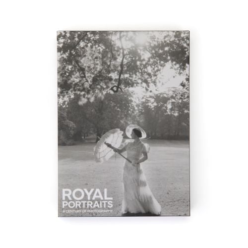Front cover of Royal Portraits notecard set featuring a black and white image of Queen Elizabeth, the Queen Mother (1900 - 2002) captured by Cecil Beaton. 