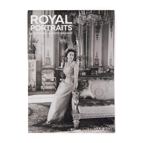 2025 Royal Portraits Calendar front cover, acconmpanying the exhibition of the same name featuring a black and white photo of Queen Elizabeth II by Cecil Beaton, 1968. 