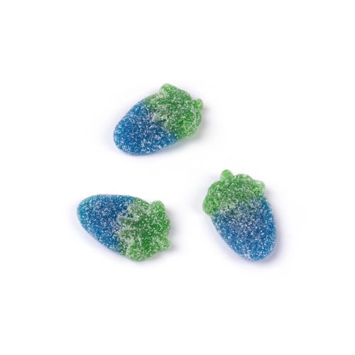 Green striped packaging with Buckingham Palace Garden Fizzy Blueberries and wiindow with sweets inside.  