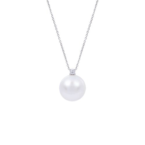 Delicate silver coloured chain with a small diamond connected to large South Sea Pearl. 