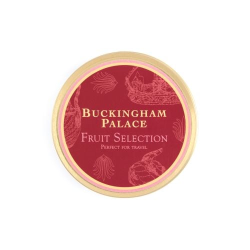 Lid of Buckingham Palace Fruit Selection. Red with white illustrations of crowns and teapots. Gold edge. 