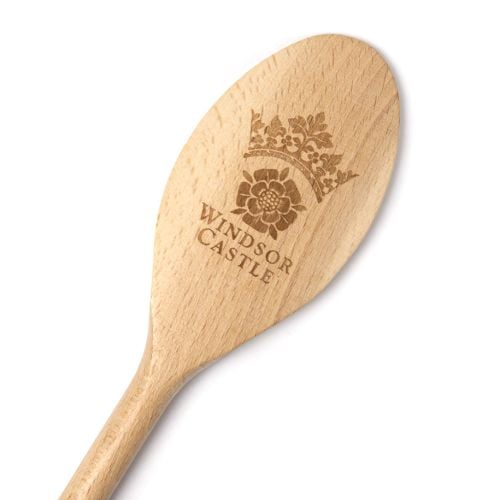 Wooden spoon with Windsor Castle, and the Windsor castle emblem carved on featuring a crown and Tudor rose. 