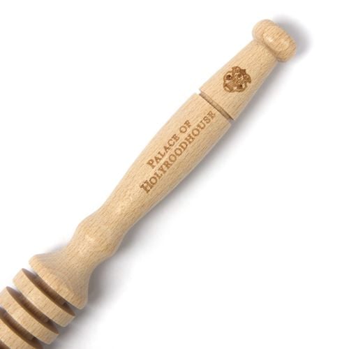Wooden honey dipper with Palace of Holyroodhouse stag. 
