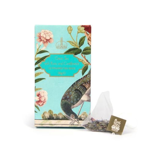Chinese wallpaper inspired East Wing Green Tea with rose petals and cornflower. 