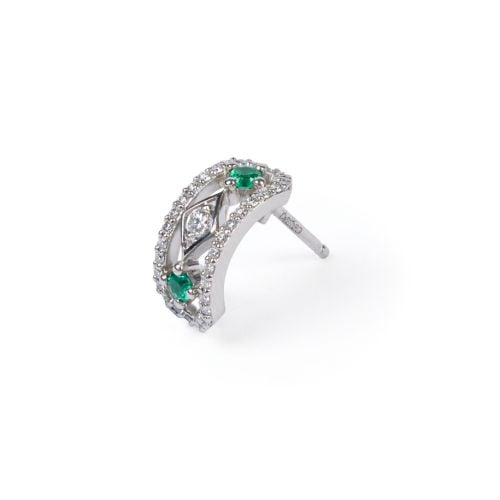 Straight on shot of the Girls of Great Britain and Ireland Limited Edition Emerald and Platinum Drop Earrings. Features two emeralds set on each earring. 
