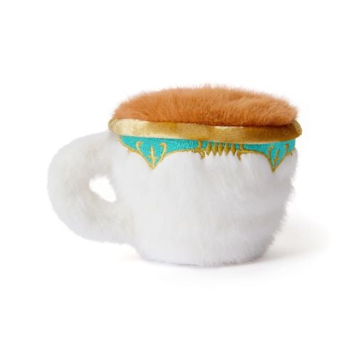 Fluffy teacup plush with smiley face. 